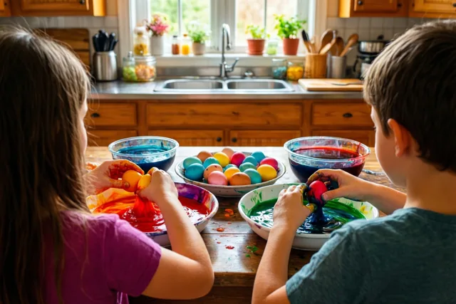 Twee kinderen kleuren paaseieren in kleurrijke kommen aan een houten keukentafel, gezien van achteren in een lichte keuken met raamlicht.