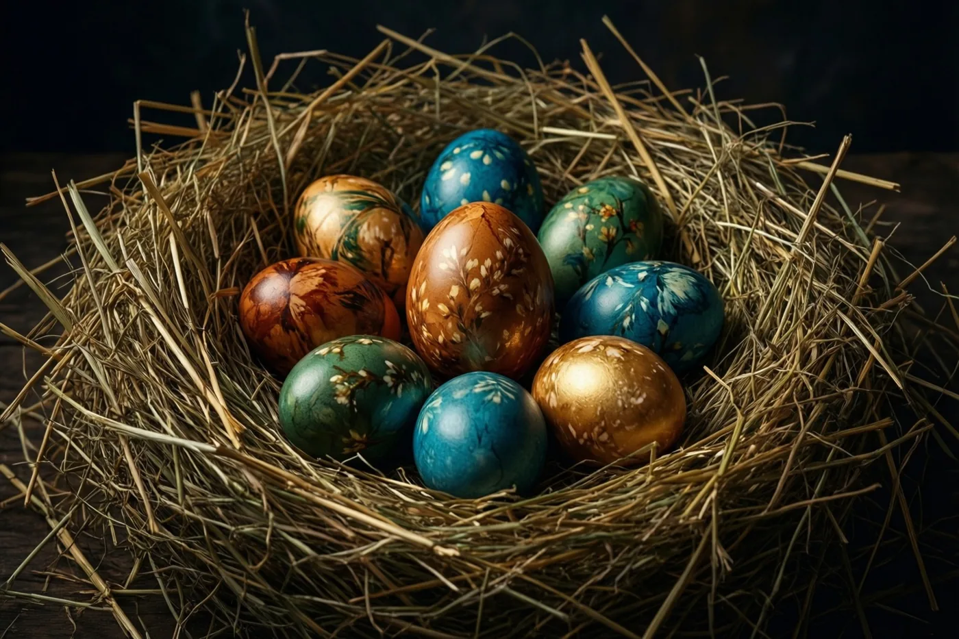 Een nest van stro bevat fijnbeschilderde paaseieren met bloemen en marmerpatronen, warm belicht tegen een donkere achtergrond.