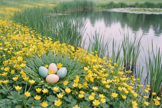 Pasen tussen de dotterbloemen