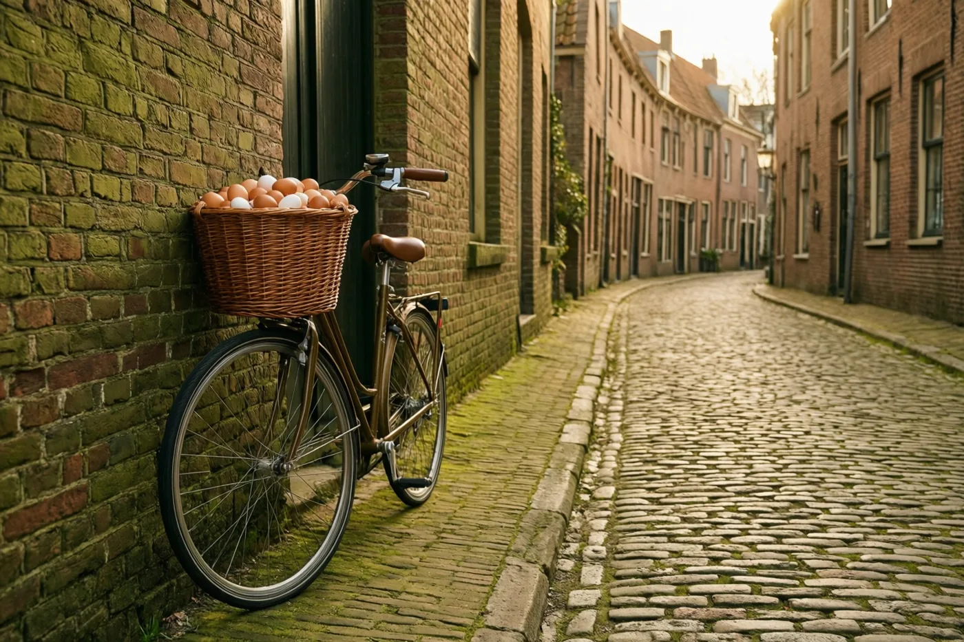 Een fiets met een overvolle rieten mand kleurrijke paaseieren staat tegen een bemoste bakstenen muur aan een kasseistraat in warm gouden licht.