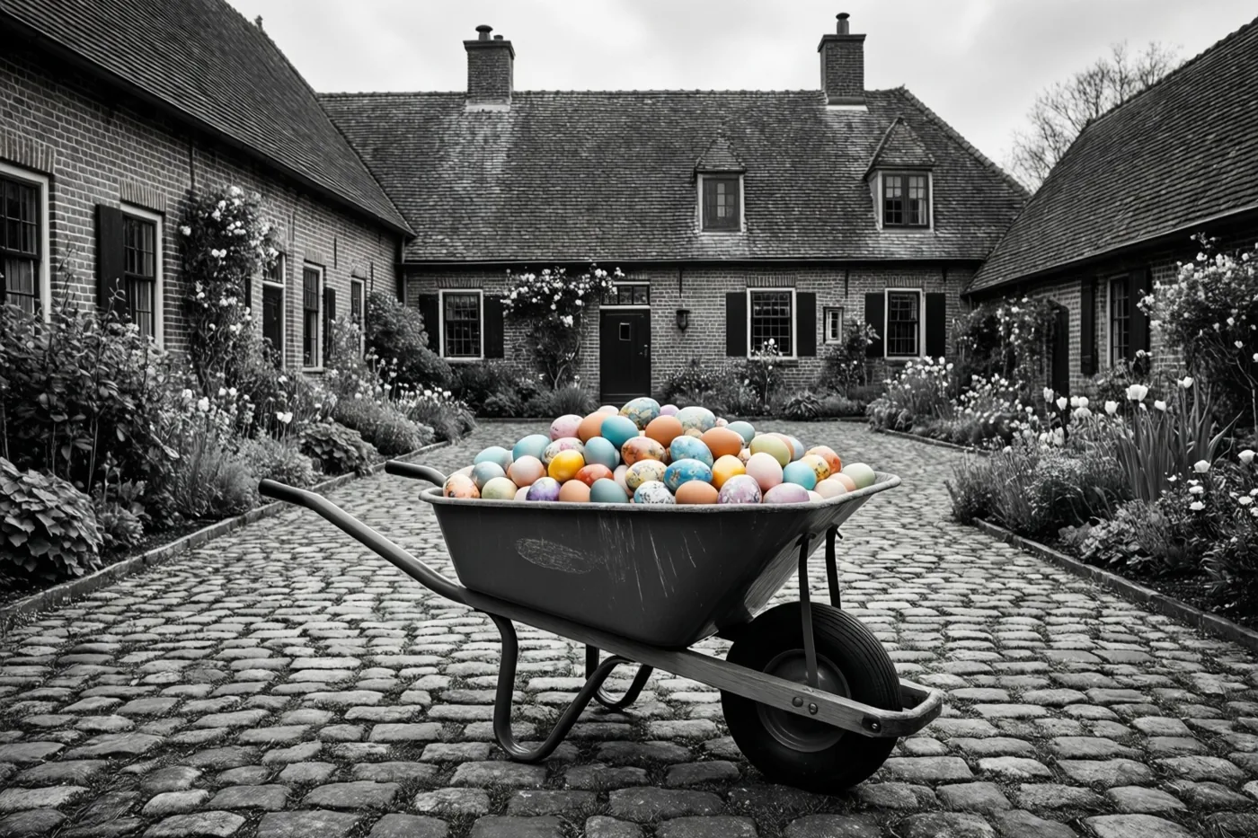 Een kruiwagen vol felgekleurde paaseieren staat op een gekasseid erf voor een bakstenen hoeve, waarbij alles behalve de eieren in zwart-wit is weergegeven.