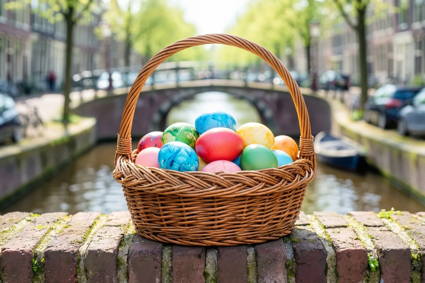 Een rieten mand met kleurrijk beschilderde paaseieren staat op een bakstenen borstwering langs een kanaal, met een stenen brug en bomen op de achtergrond in helder daglicht.