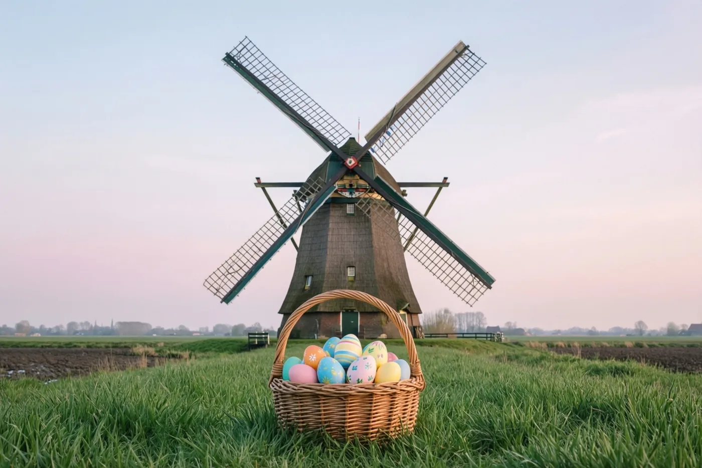 Een rieten mand met kleurrijk beschilderde paaseieren staat in felgroen gras voor een houten staakmolen in een vlak polderlandschap onder een zachtgekleurde hemel.