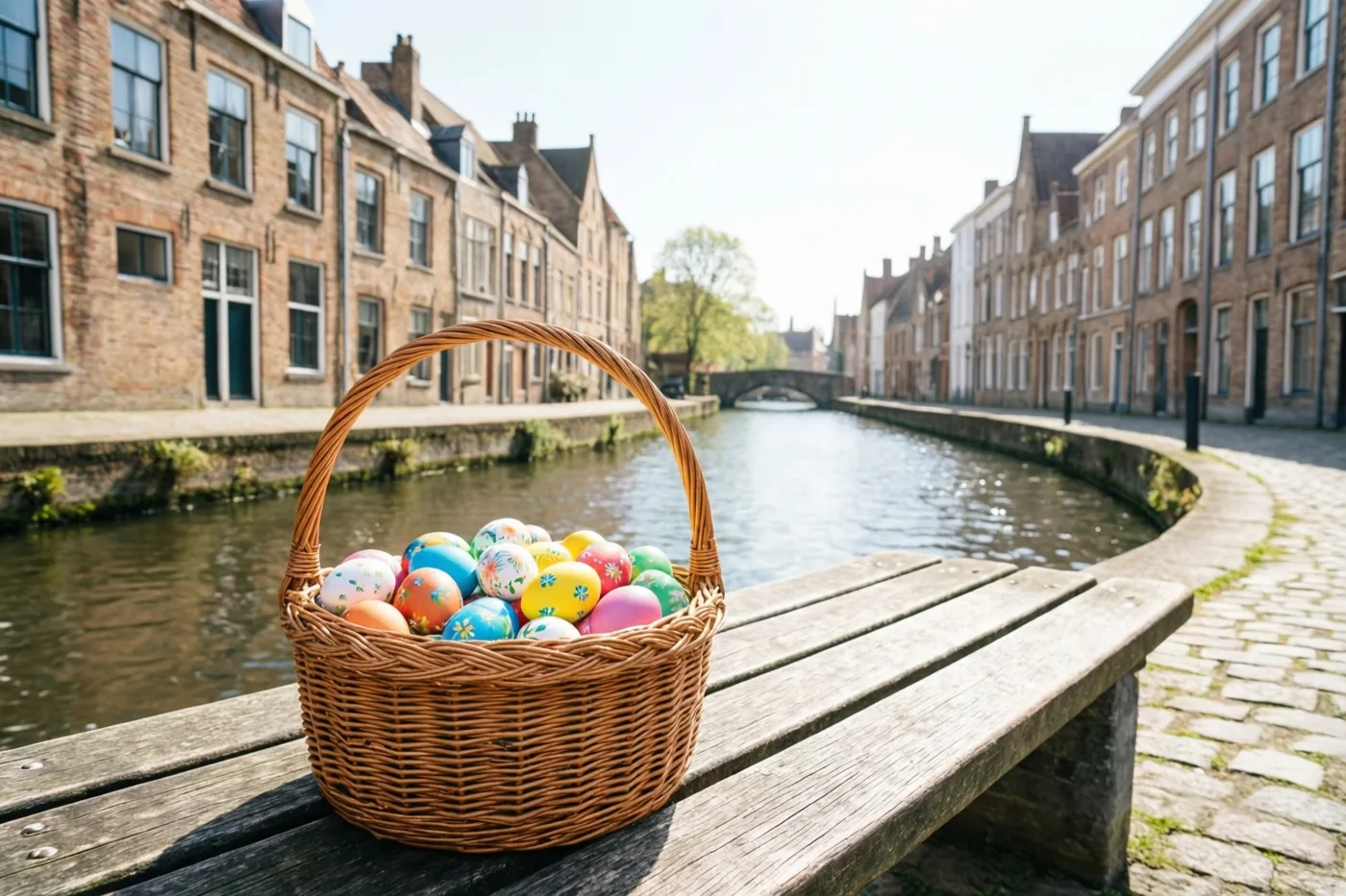 Een rieten mand met kleurrijk beschilderde paaseieren staat op een houten bank langs een kanaal met aan beide kanten oude bakstenen gebouwen onder een heldere hemel.