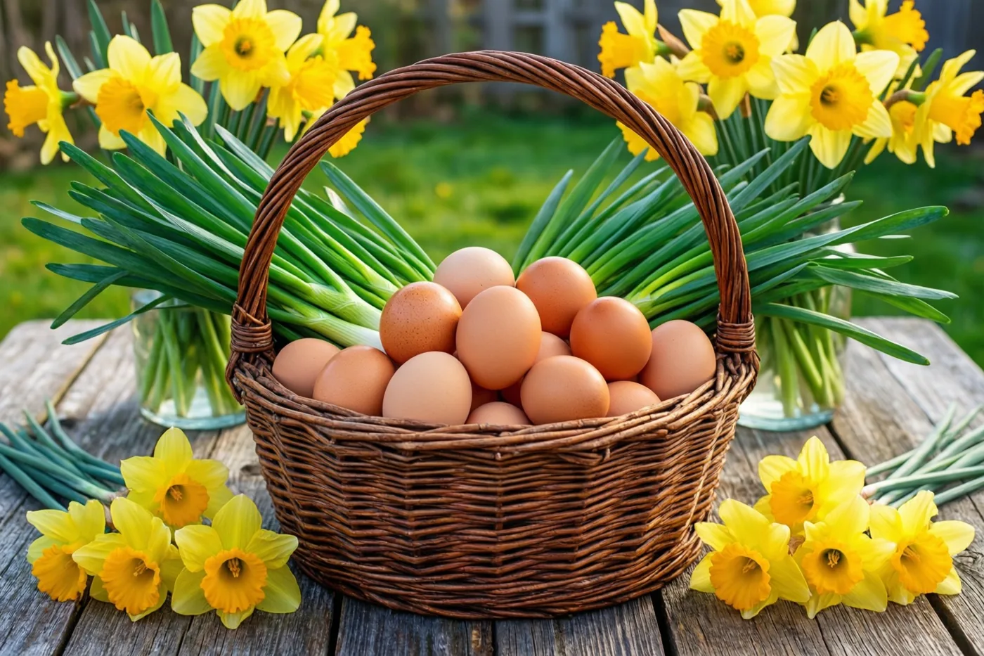 Een rieten mand met bruine eieren staat op een verweerde houten tafel tussen groene lente-uitjes en gele narcissen, met een onscherpe groene tuin op de achtergrond.