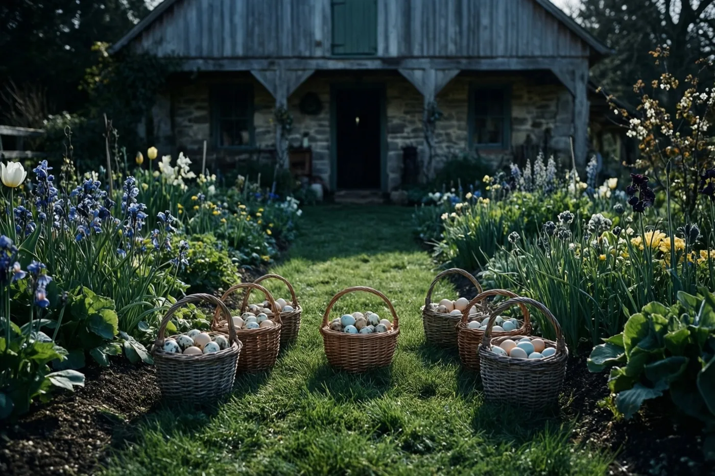 Rieten manden met kleurrijke eieren staan op een groen gazon voor een houten boerderij, tussen bloeiende tulpen en irissen.