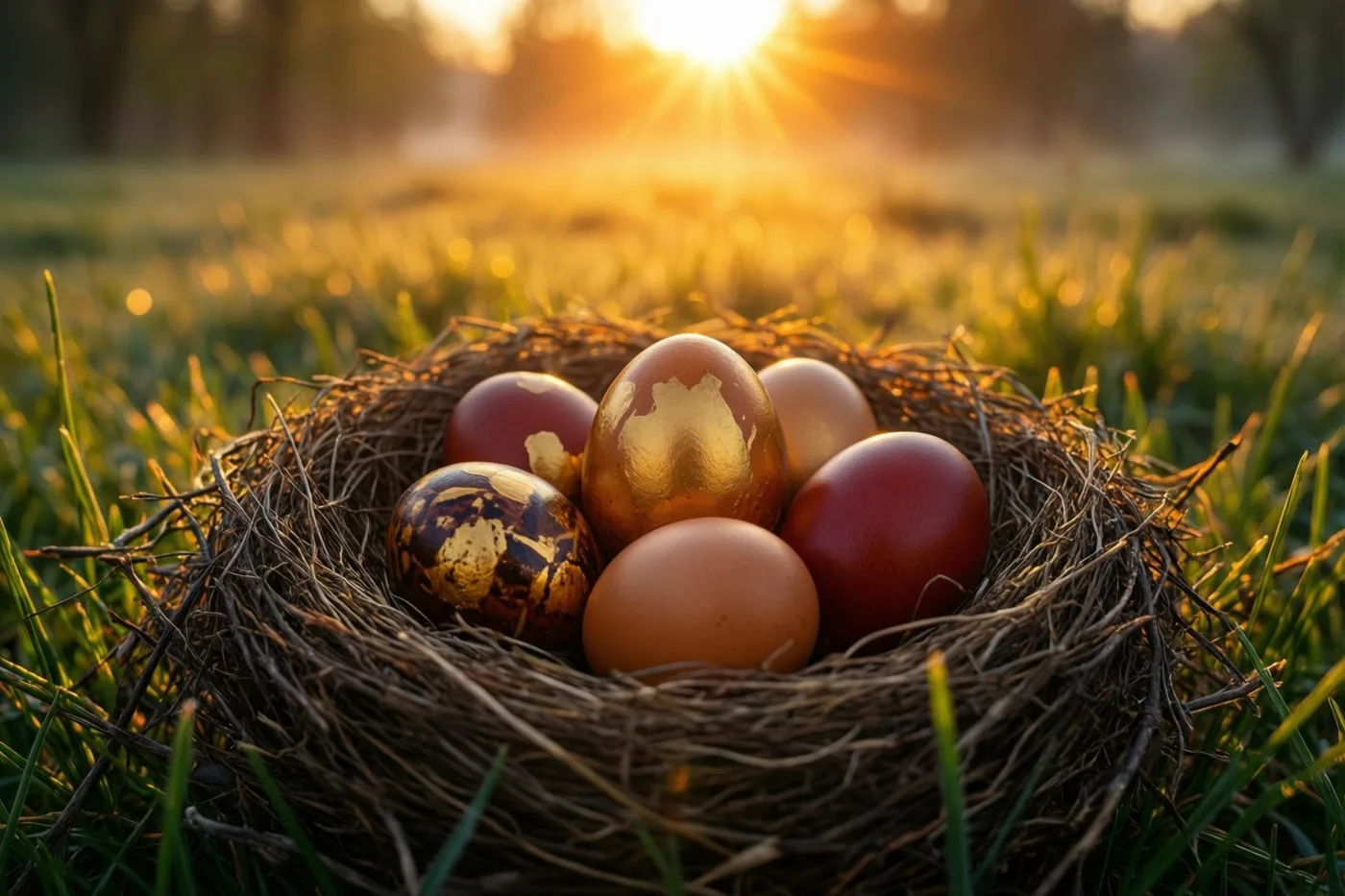 Een nest met gekleurde beschilderde eieren ligt in groen gras met de opkomende zon erachter in goudkleurig licht.