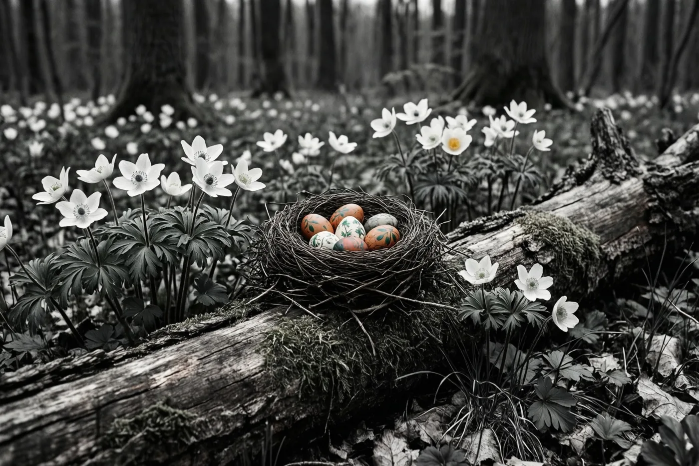 Een nest met beschilderde eieren ligt op een bemoste omgevallen boomstam tussen witte wilde anemonen op een open bosplek, in een zwart-witbeeld met kleuraccenten bij de eieren en bloemen.