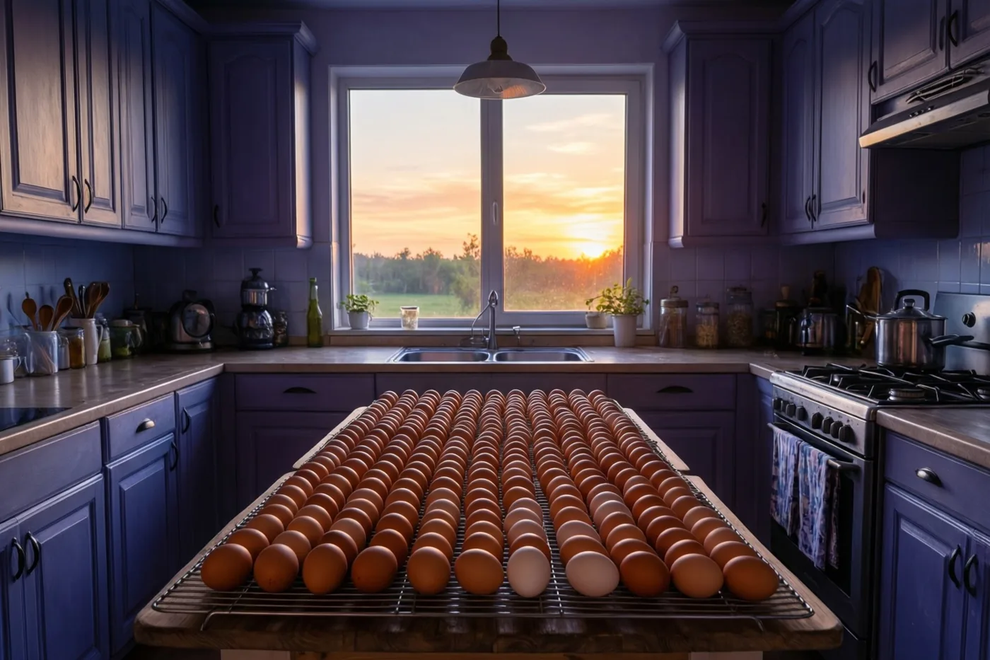 Een groot rek met drogende bruine eieren staat op een houten tafel in een keuken met donkerblauwe kasten en uitzicht op een veld bij zonsondergang.