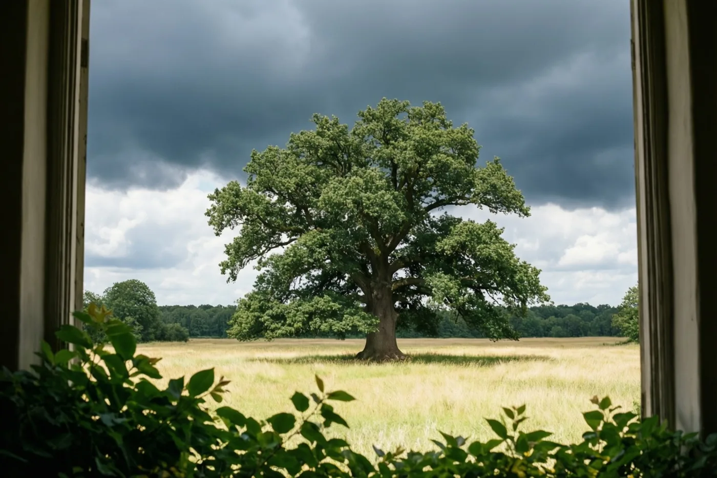 Door een raam zie je een grote eik in een goudkleurig veld onder donkere onweerswolken, met groen blad vooraan en een bomenrij in de verte.