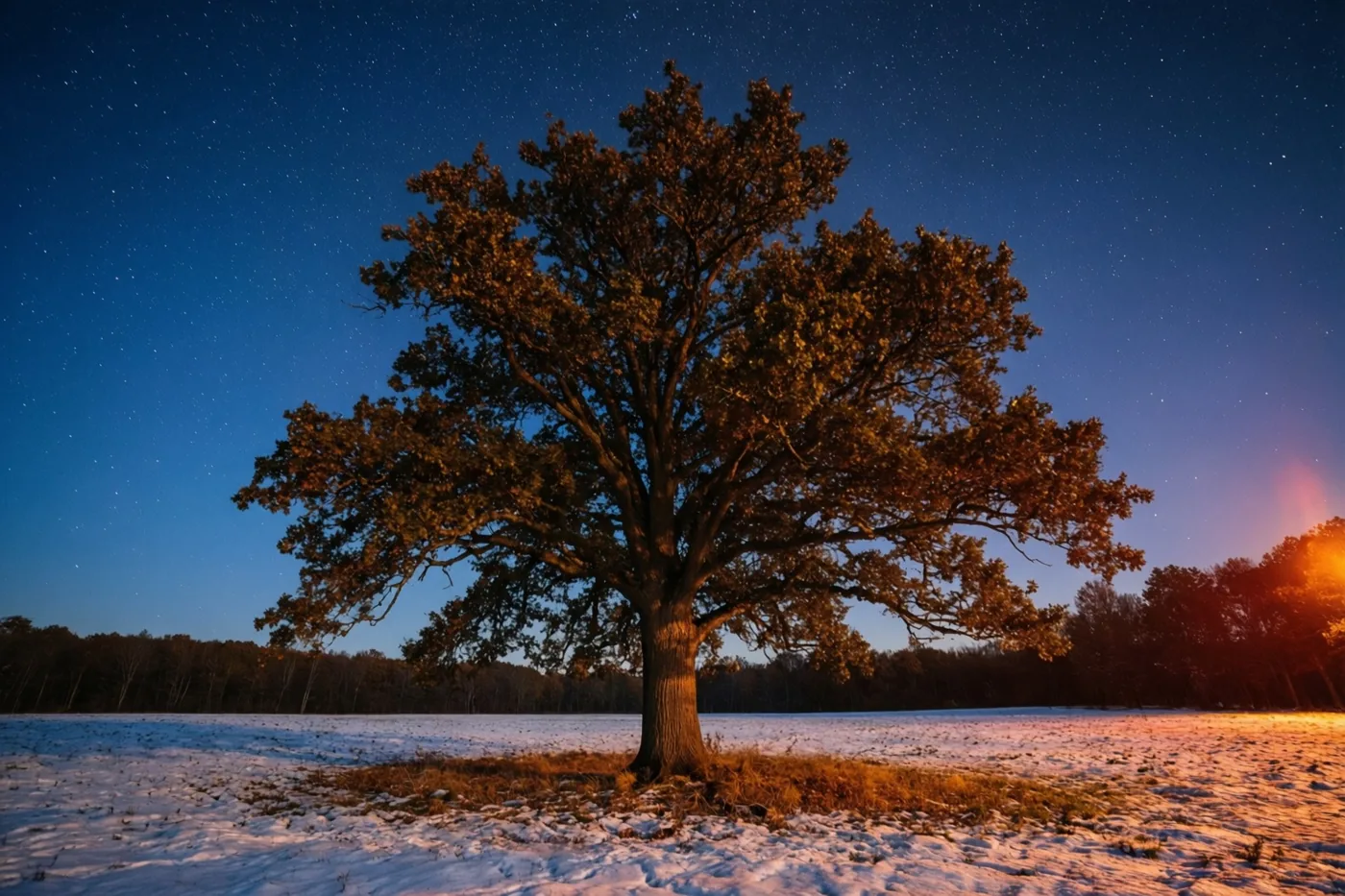 Een eik staat in een besneeuwd veld onder een diepblauwe sterrenhemel, terwijl warm licht van rechts gouden tinten op de boom en de sneeuw werpt.