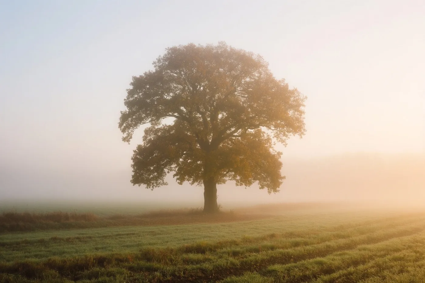 Een alleenstaande eik staat in een mistig groen veld onder een bleke lucht, met goudkleurig licht dat door de mist valt.