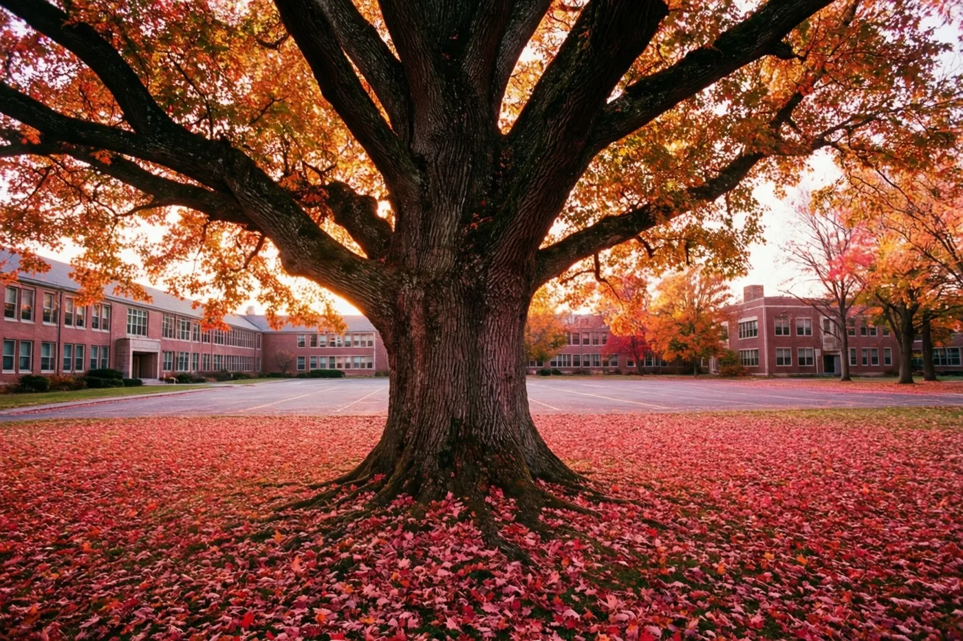 Een grote oude eik met oranje en rode herfstbladeren staat op een lege speelplaats, met afgevallen bladeren rond de wortels en bakstenen schoolgebouwen onder een warme lucht.