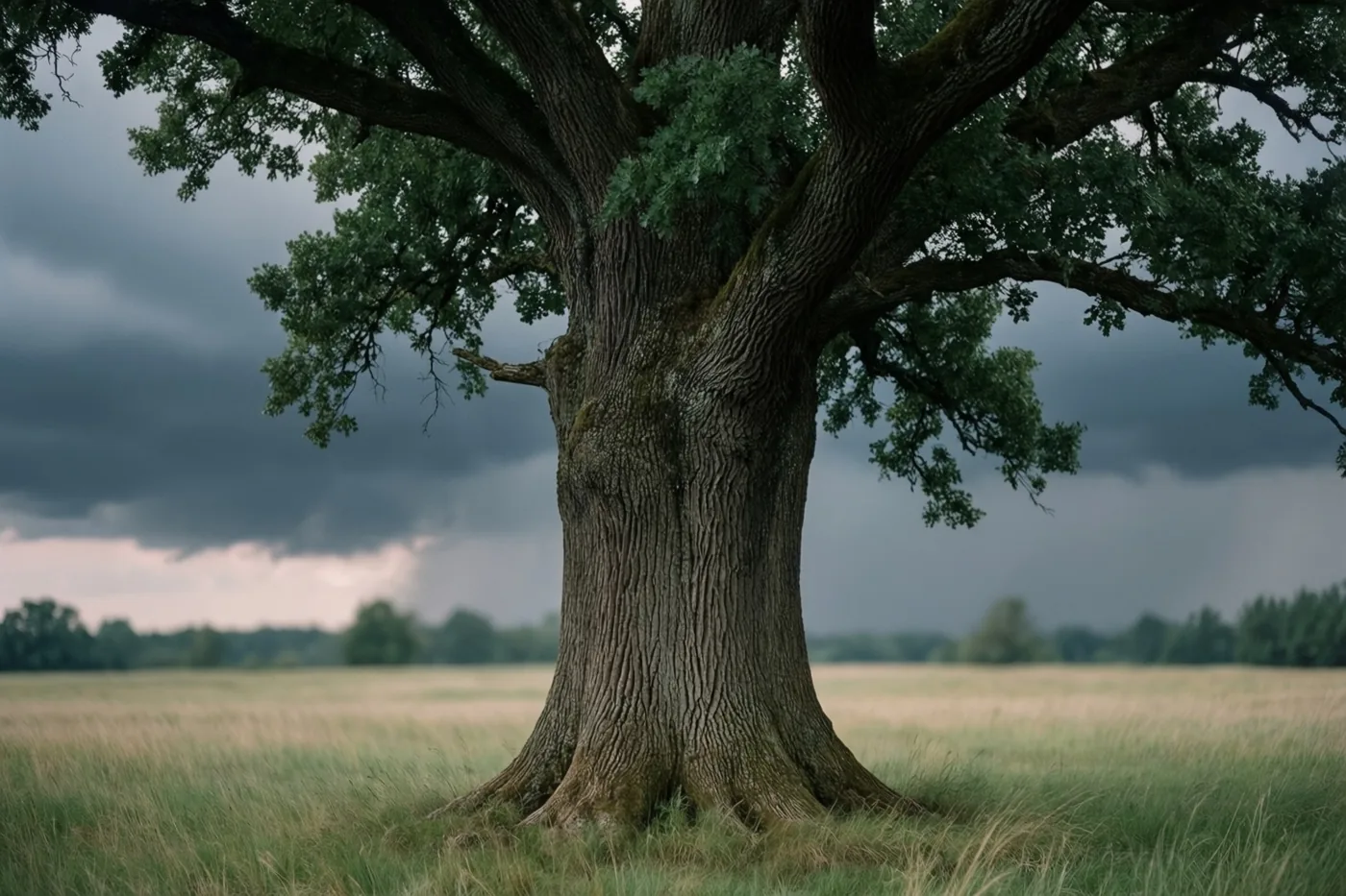 Een grote oude eik met een dikke, ruwe stam staat midden in een open grasveld onder zware donkere onweerswolken.