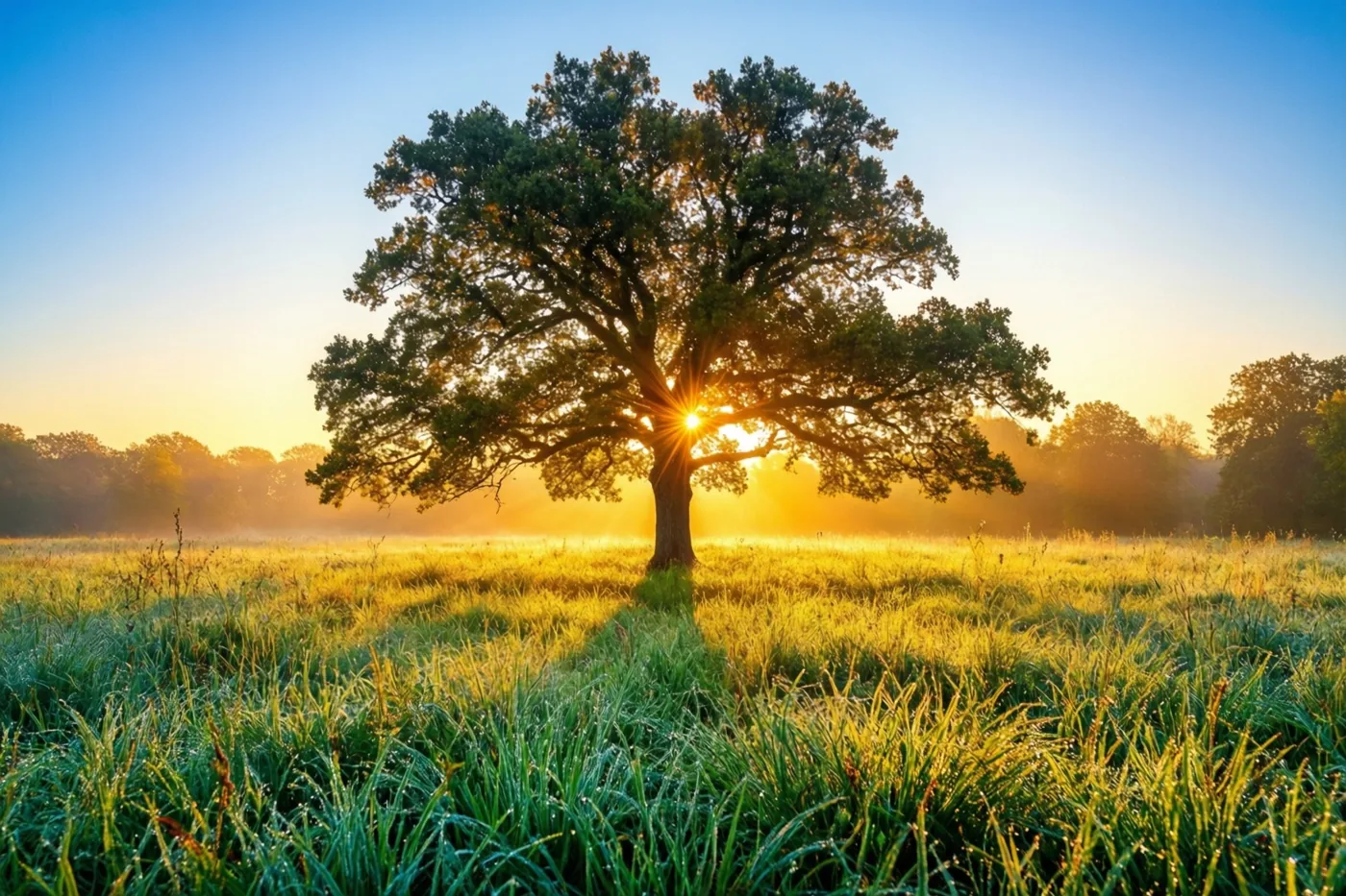 Een alleenstaande eik staat in een bedauwde weide onder een helderblauwe hemel, met gouden licht van de opkomende zon achter zijn takken.