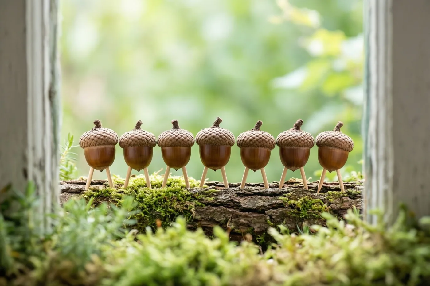 Zeven eikelfiguurtjes met luciferpootjes staan op een bemoste boomstam tussen houten raamachtige constructies, met een wazige groenbruine natuurlijke achtergrond.