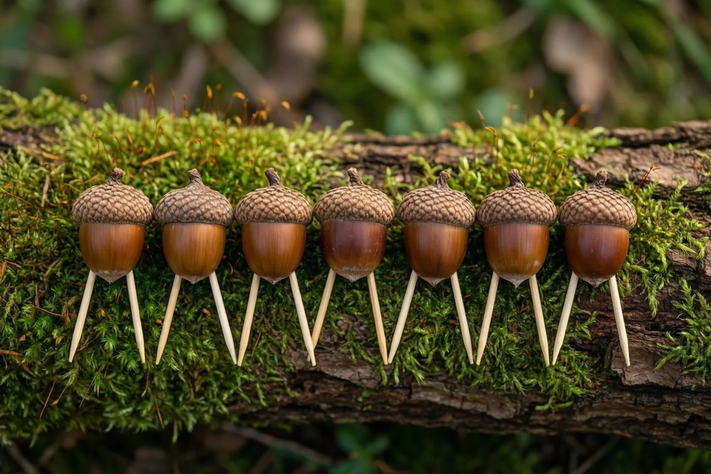 Zeven eikelfiguurtjes met luciferpootjes en hoedjes van eikeldoppen staan op een bemoste boomstam in een bos met wazig gebladerte op de achtergrond.