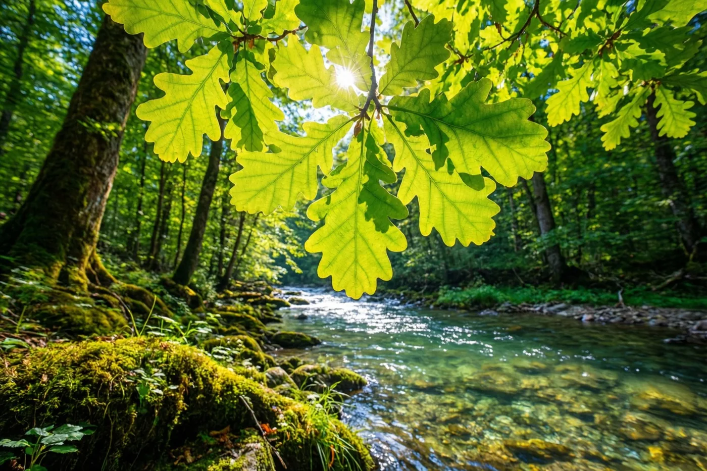 Jonge groene eikenbladeren hangen in tegenlicht boven een heldere bosbeek met bemoste oevers en glinsterend water.