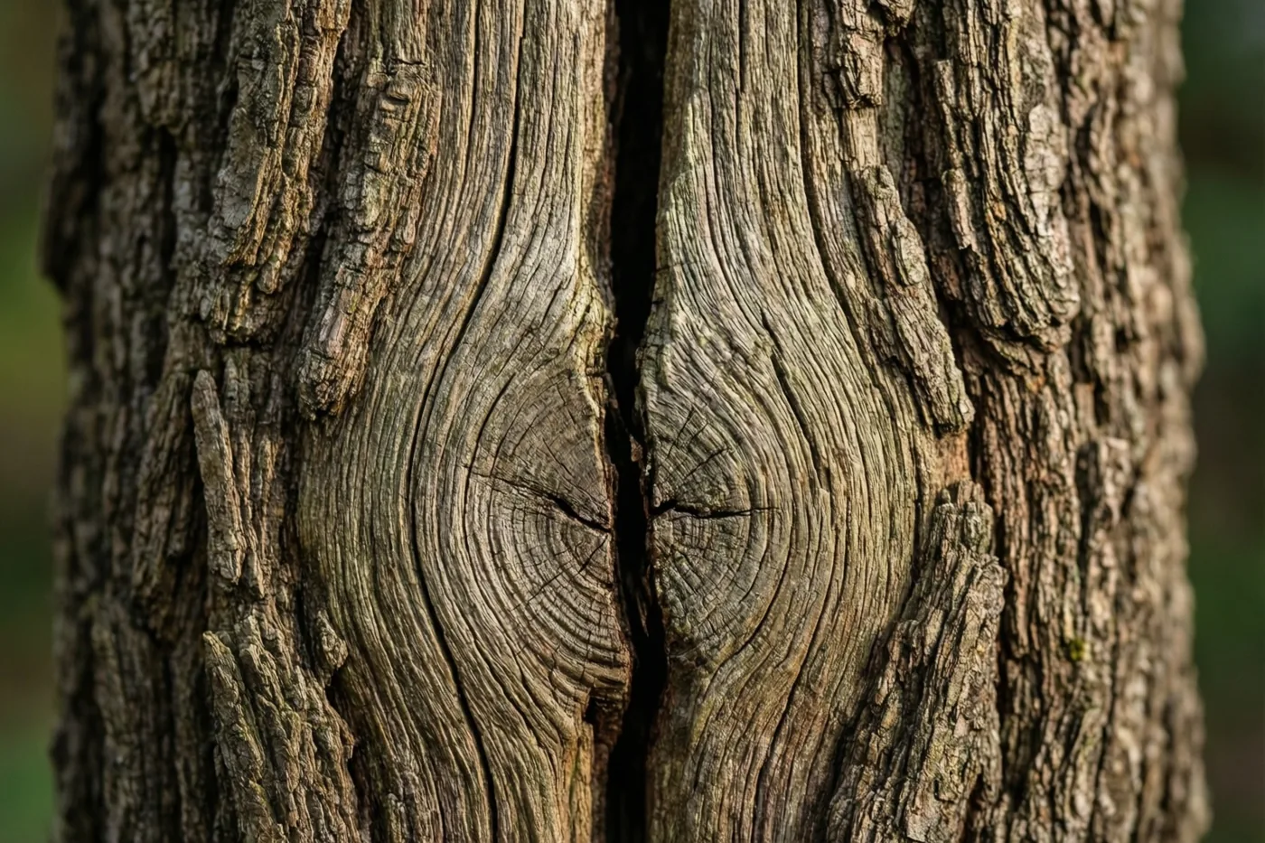 Een oude eikenstam met diepe groeven en een opvallende verticale barst is van dichtbij te zien tegen een onscherpe natuurlijke achtergrond.