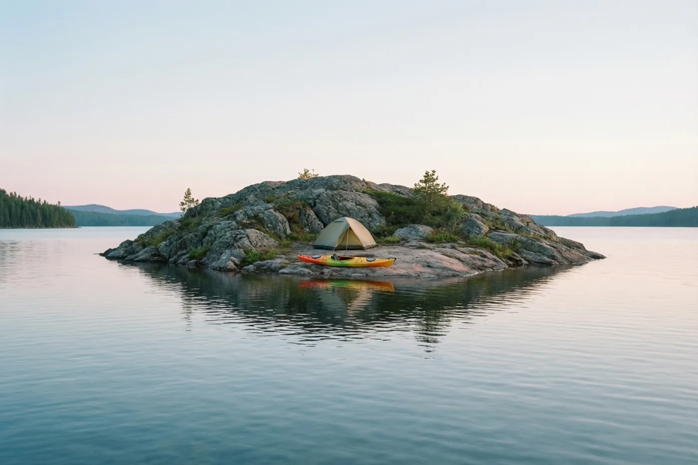 Een kleine tent en een kleurrijke kajak staan op een rotsachtig eiland midden in een kalm meer, in zacht pastelkleurig schemerlicht.