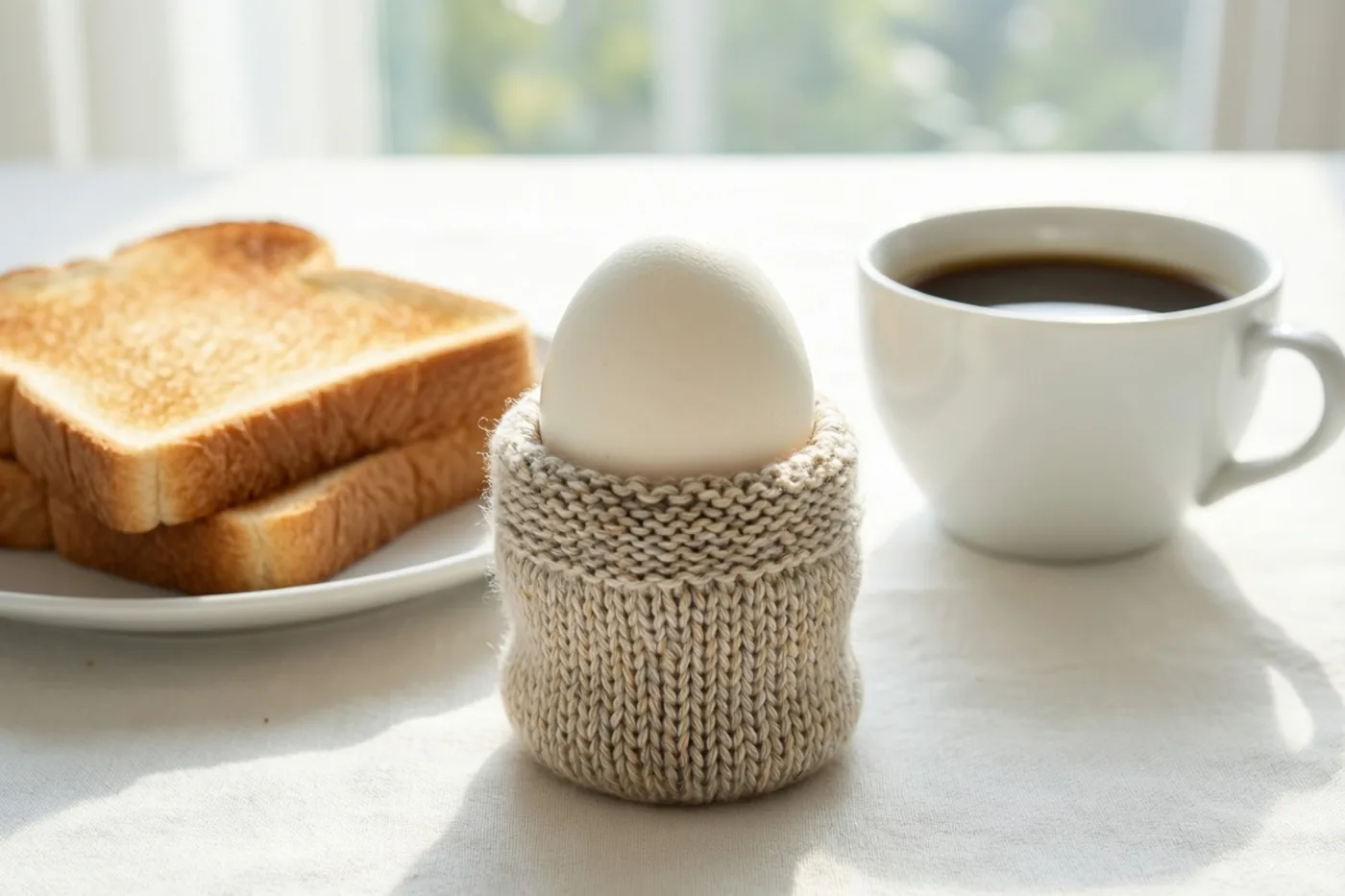 Een gekookt ei in een beige gebreid eierwarmertje staat op een wit tafelkleed naast een bord toast en een witte mok koffie, met zacht ochtendlicht door het raam op de achtergrond.
