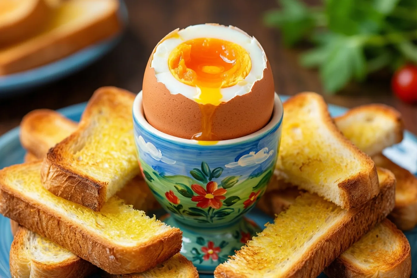 Een zachtgekookt ei zonder bovenkant staat in een kleurrijk beschilderd eierdopje tussen beboterde reepjes toast op een blauw bord, op hout met verse kruiden op de achtergrond.