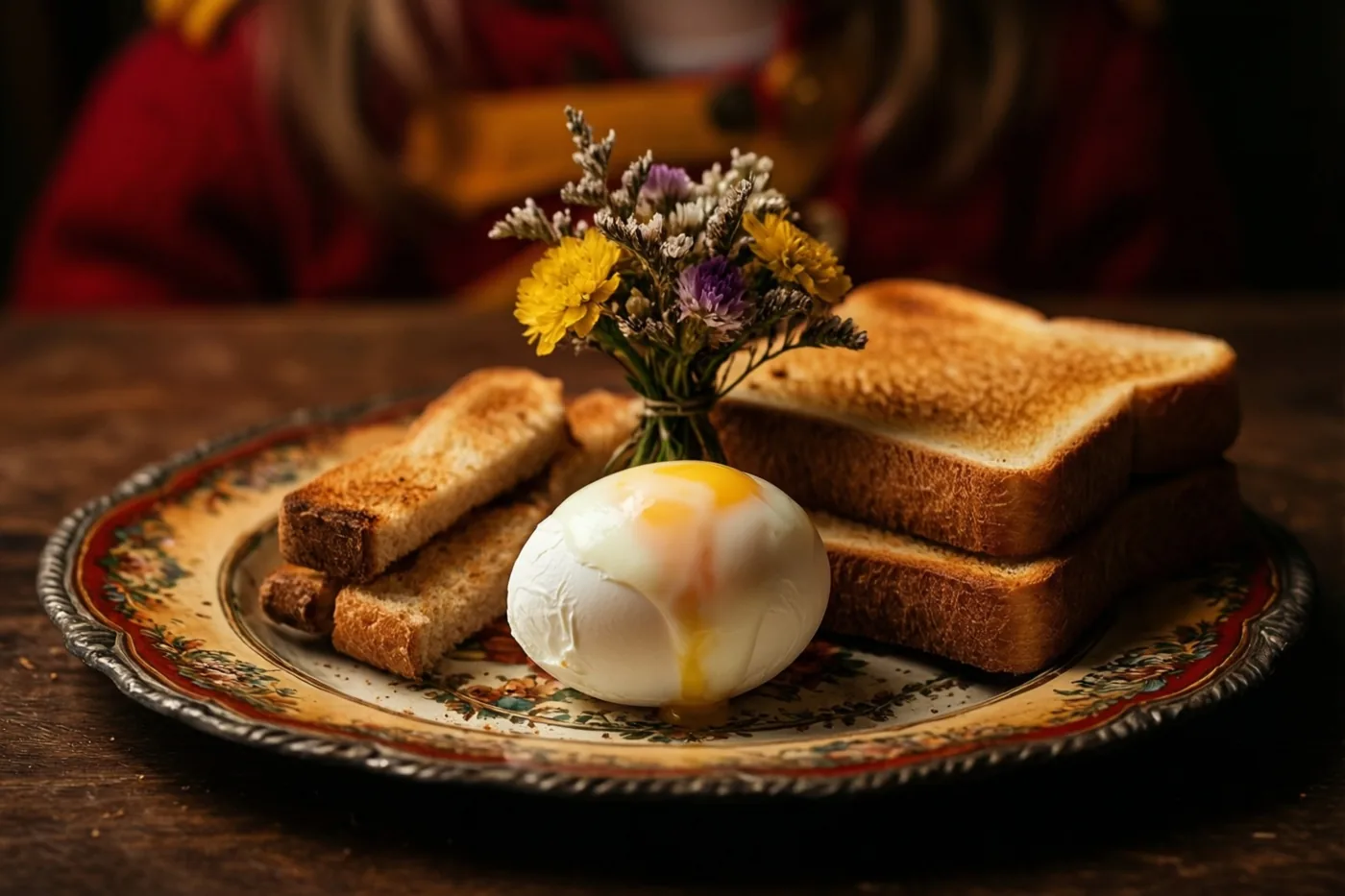 Op een donkere houten tafel staat een oud geëmailleerd dienblad met een zachtgekookt ei, reepjes geroosterd brood en een klein boeket veldbloemen.