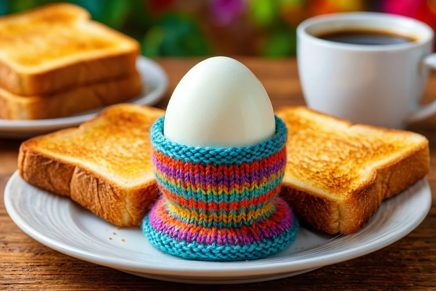 Een gekookt ei in een kleurrijk gebreid eierwarmertje staat naast twee goudbruine sneetjes toast op een wit bord op een houten tafel, met een kop koffie op de achtergrond.