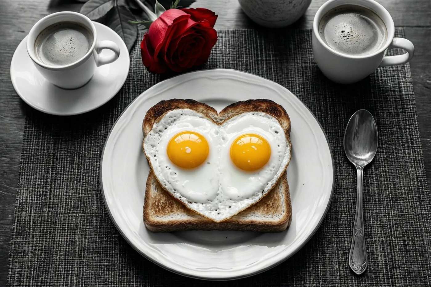 Twee hartvormige spiegeleieren liggen op toast op een wit bord, naast twee koppen koffie, een rode roos en een zilveren lepel op een donker tafelkleed met structuur.