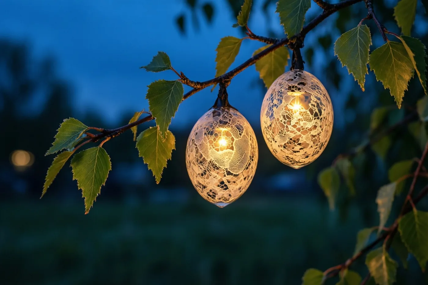 Twee eivormige lantaarns met kantpatronen hangen aan een berkentak en stralen warm geel licht uit tegen een blauwe schemerlucht.