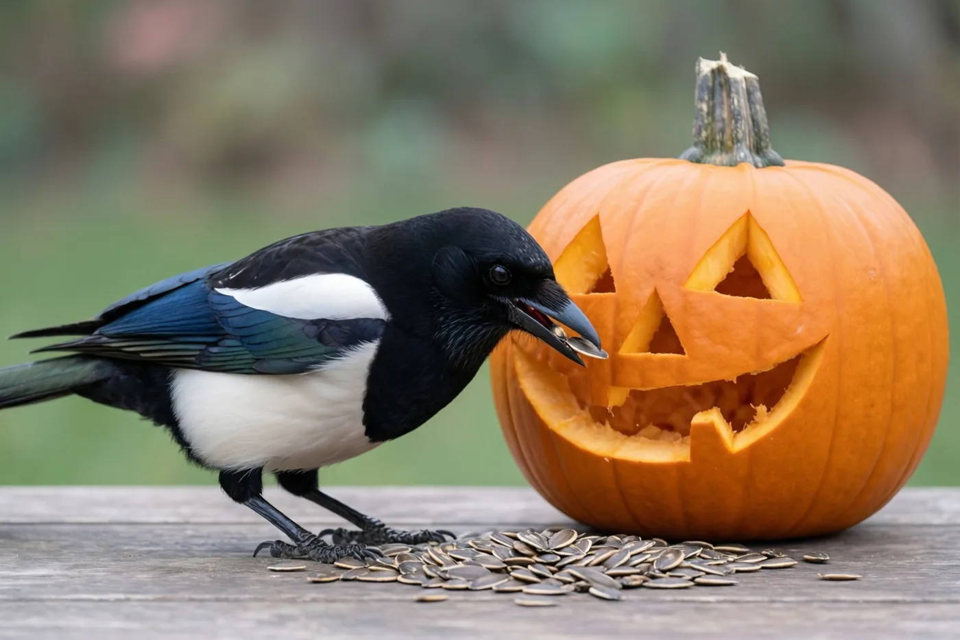 Een ekster pikt op een houten tafel naar verspreide pompoenpitten naast een uitgesneden halloweenpompoen, met wazig groen op de achtergrond.