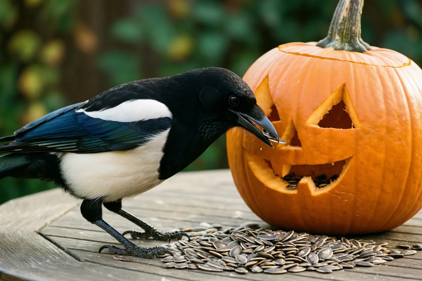 Een ekster pikt verspreide pompoenpitten van een houten tafel naast een uitgesneden halloweenpompoen, tegen een wazige groene achtergrond.