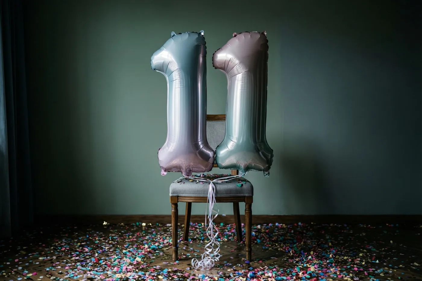 Twee grote folieballonnen vormen 11 aan een stoel voor een donkergroene muur, met confetti op de vloer en gedempte zilver- en pasteltinten.
