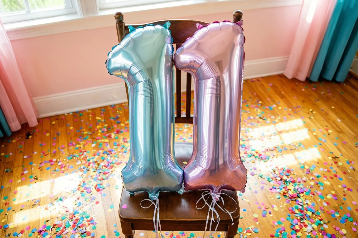 Grote folieballonnen in zilver- en pasteltinten vormen 11 aan een houten stoel, met kleurrijke confetti op de vloer en zonlicht door het raam.