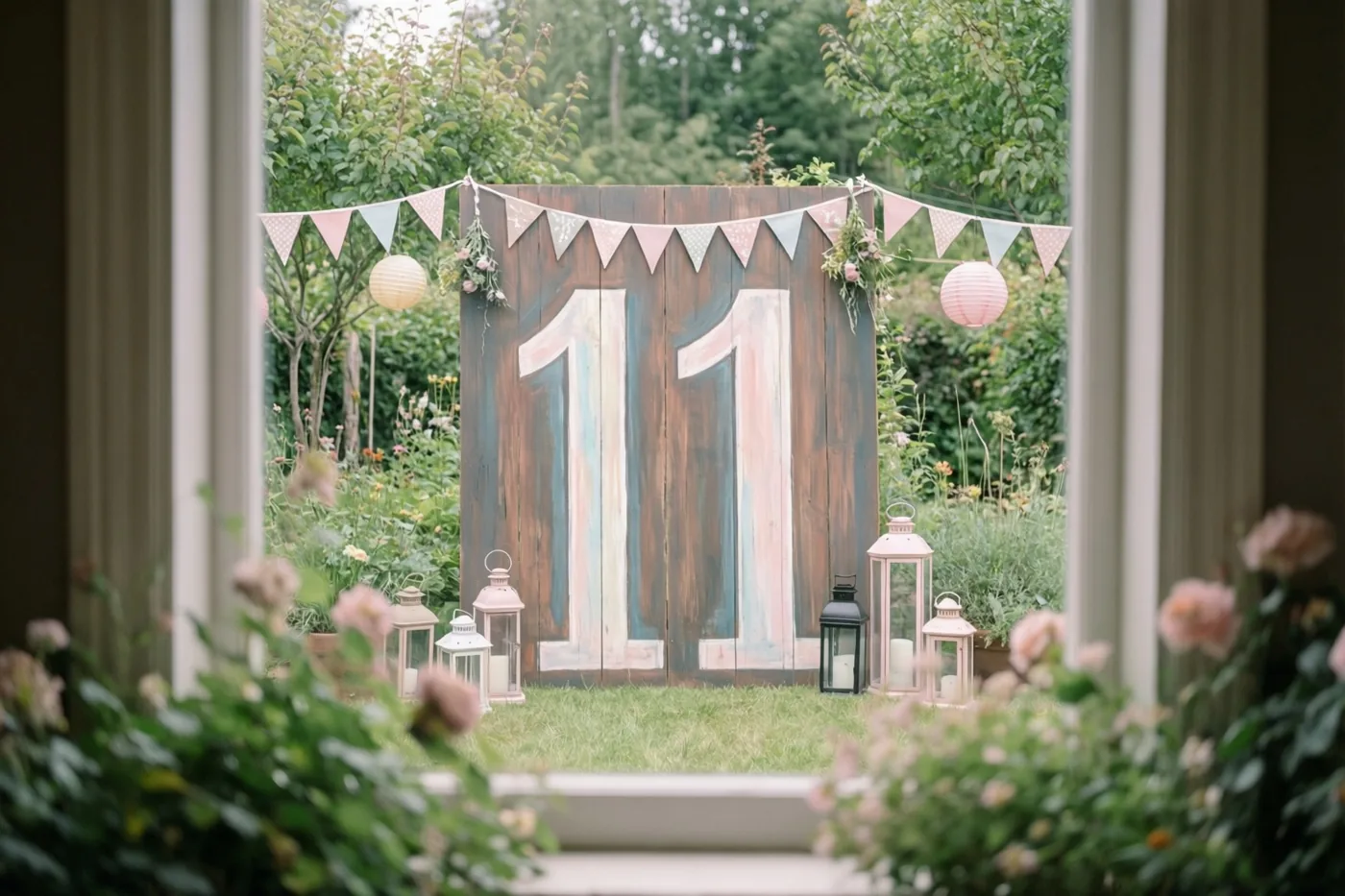 Door een raam is een groene tuin zichtbaar met een groot houten bord met 11, versierd met vlaggetjes en lantaarns in zachte pastelkleuren.