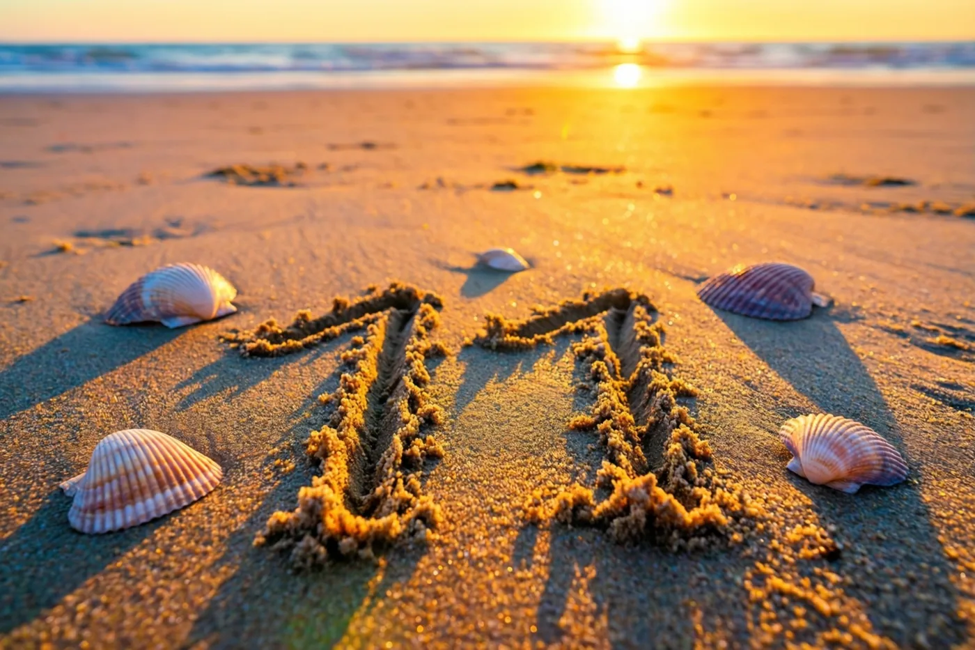 Het getal 11 is in het strandzand getekend tussen schelpen bij een zonsondergang in gouden en oranje tinten.