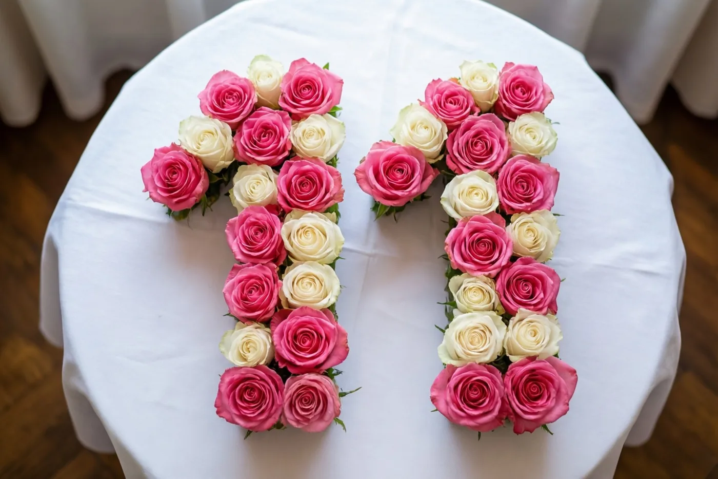 Van bovenaf zijn roze en witte rozen te zien die samen 11 vormen op een wit tafelkleed.