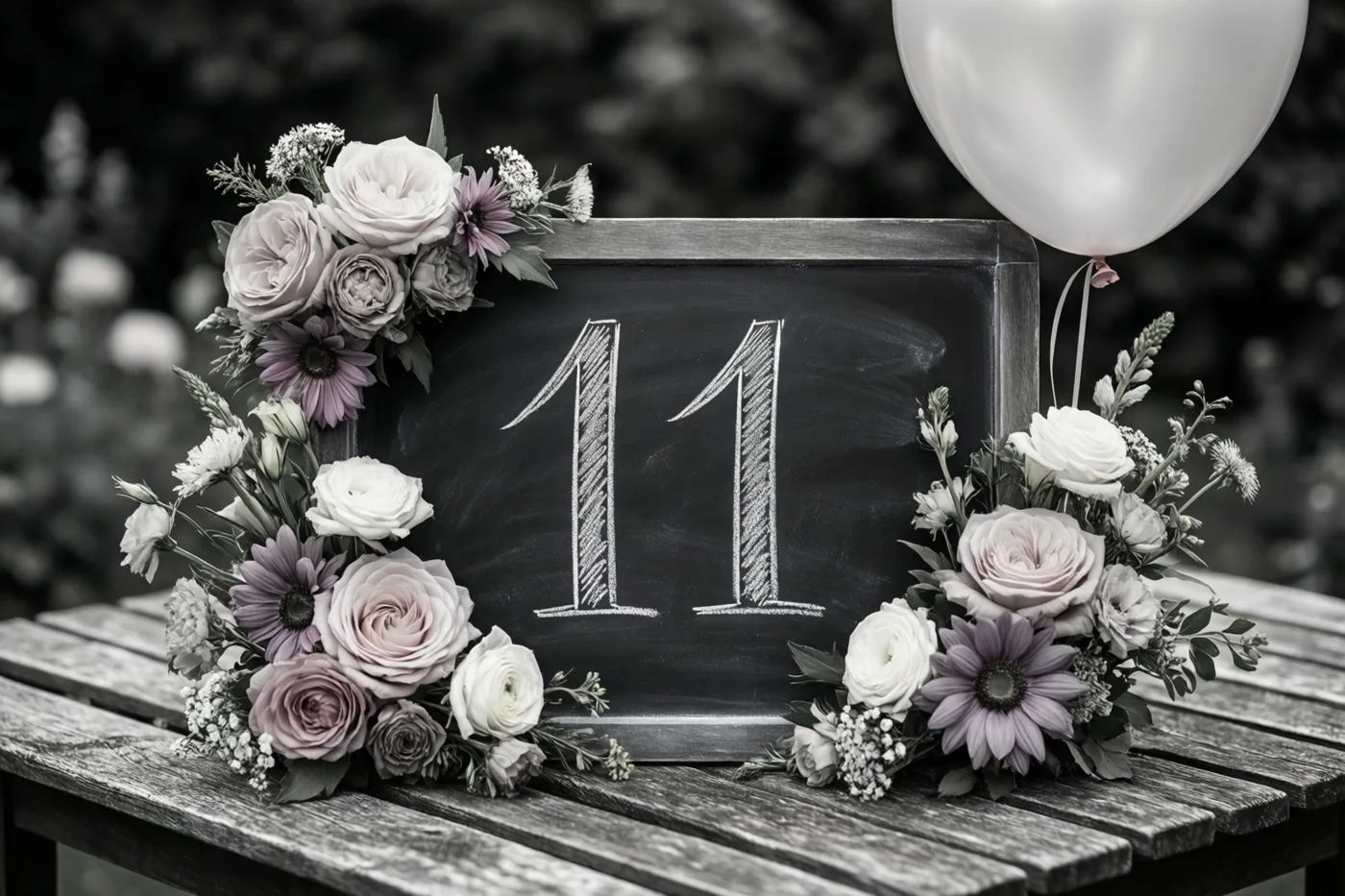Een krijtbord met 11 in wit krijt staat op een houten tuintafel tussen bloemstukken en een witte ballon.