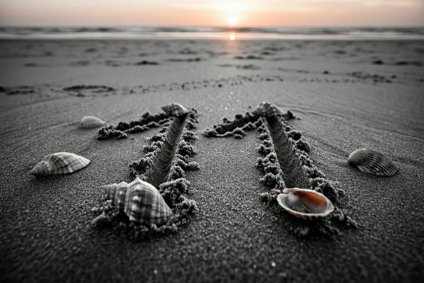 Het getal 11 is in het strandzand getekend tussen schelpen, in een monochroom beeld met de warme gloed van een zonsondergang op de achtergrond.