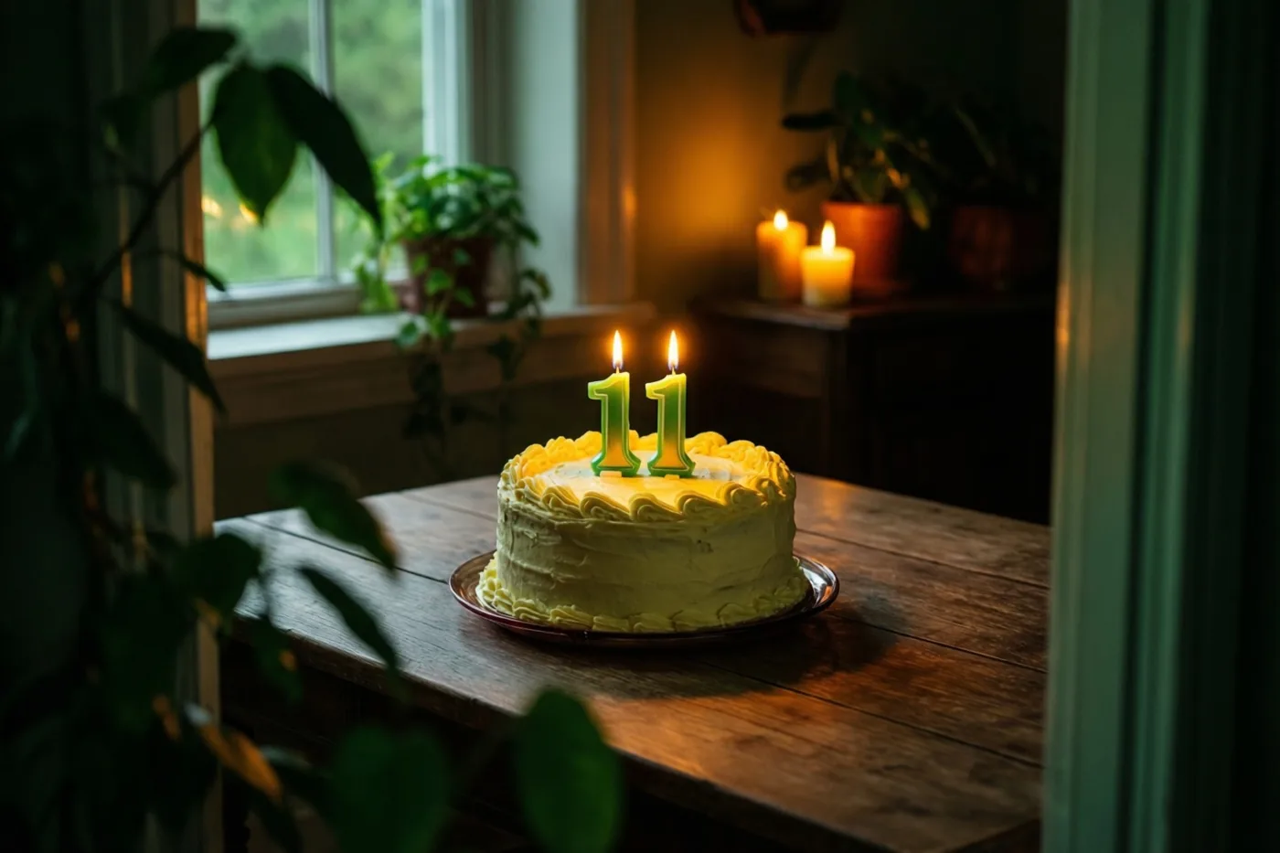 Een zelfgemaakte roomtaart met twee brandende groene cijferkaarsjes die 11 vormen staat op een houten tafel, met potplanten en een raam op de achtergrond.