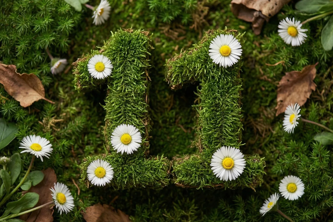 Een met mos begroeide groene haag vormt 11, versierd met witte madeliefjes en omringd door verspreide bruine bladeren in een landelijke tuin.