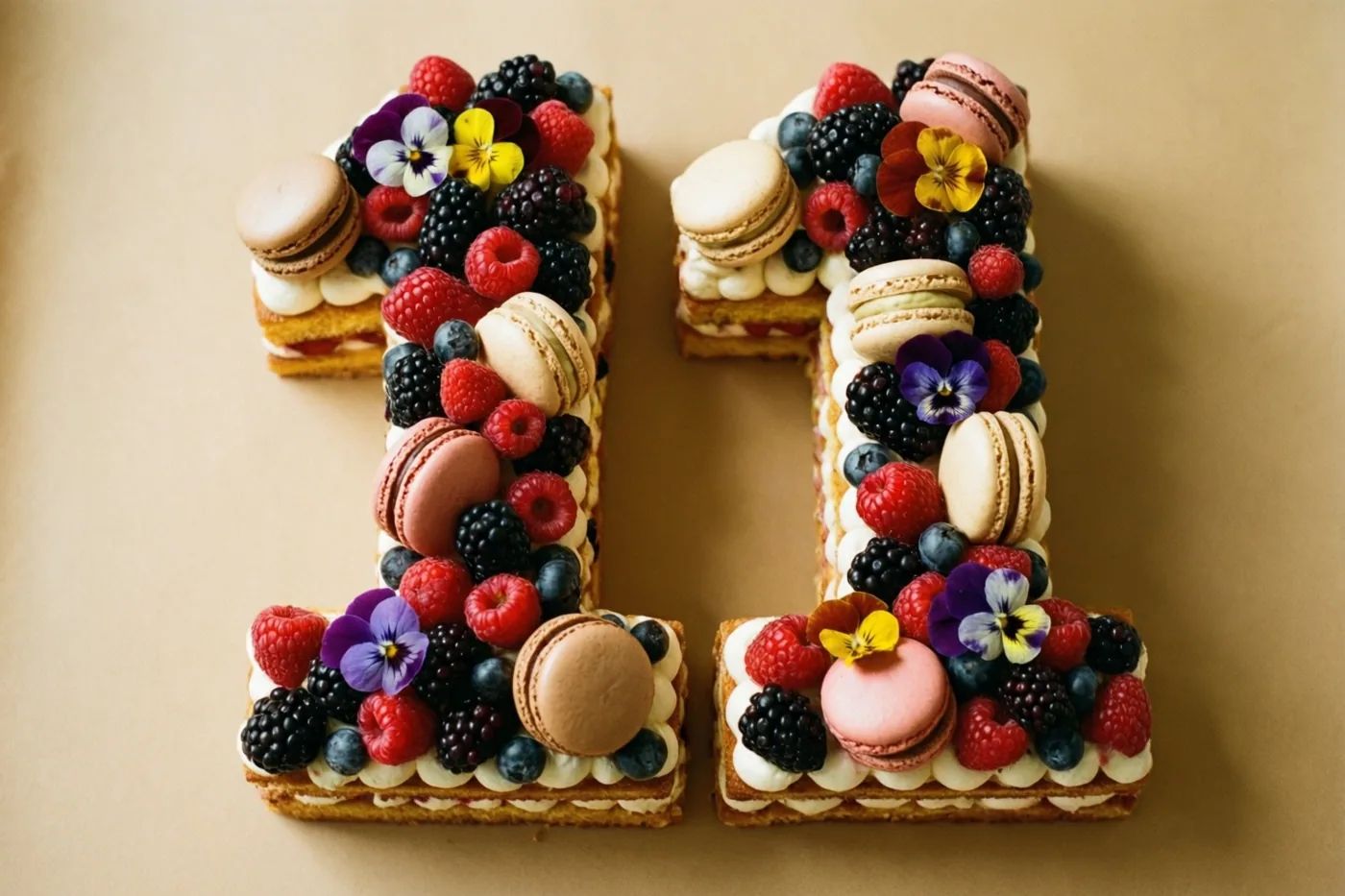 Een taart in de vorm van 11 is versierd met frambozen, bramen, blauwe bessen, macarons en eetbare bloemen tegen een effen beige achtergrond.