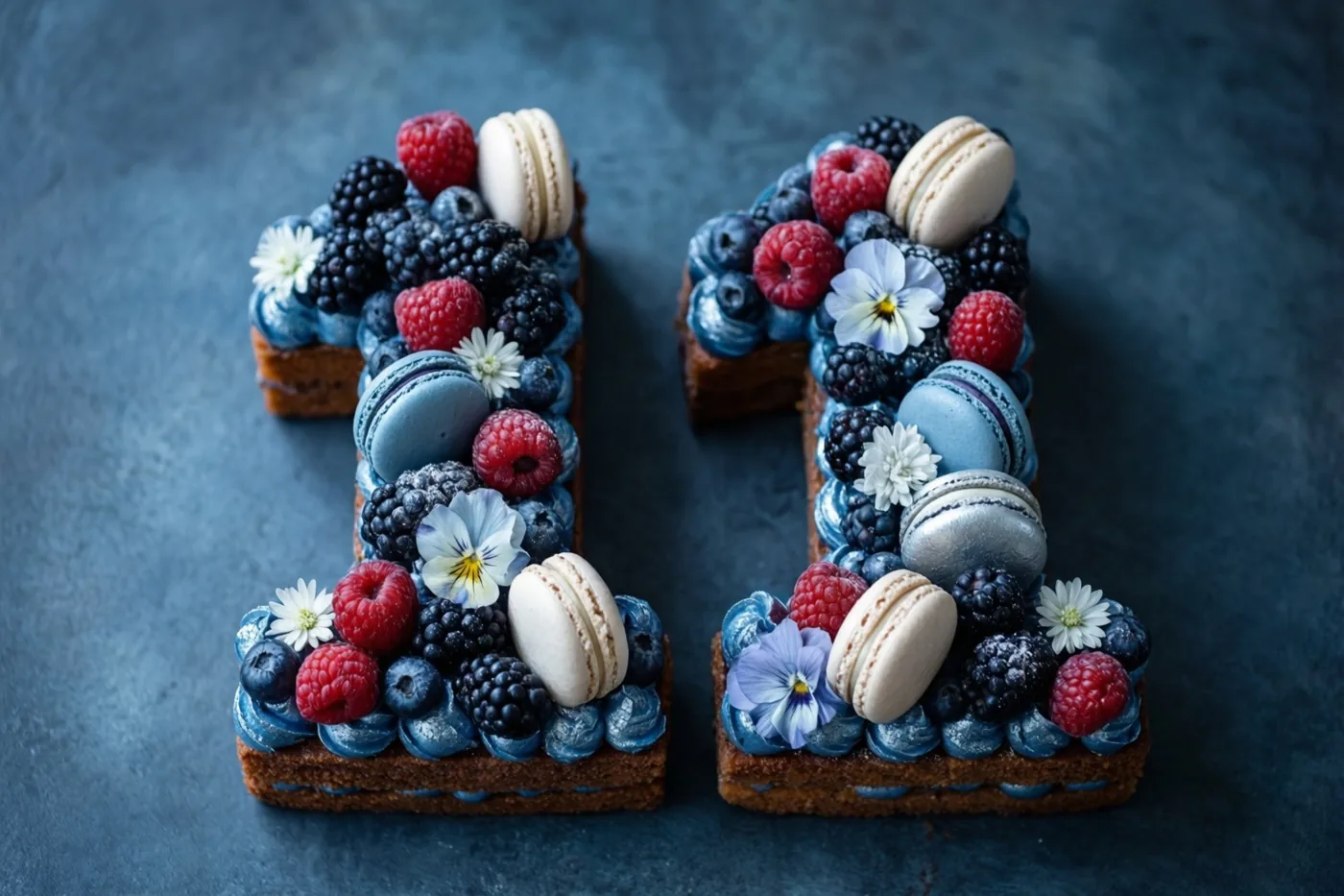 Twee stukken cijfertaart vormen 11 op een donkerblauw oppervlak met structuur en zijn versierd met bessen, macarons en eetbare bloemen.