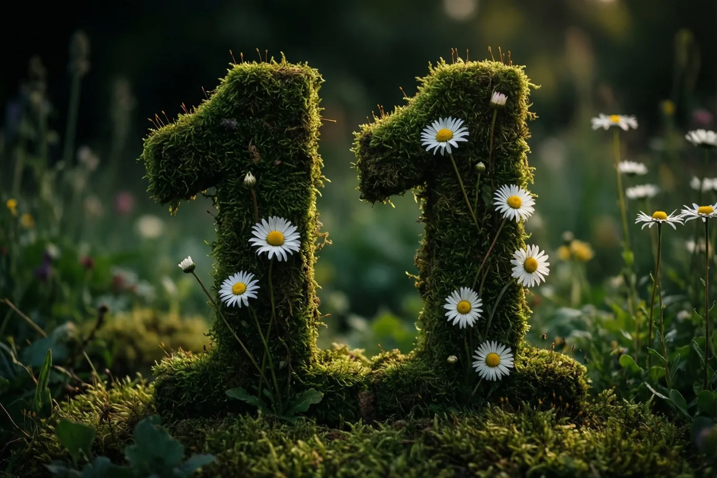 Een mosgroene haag vormt 11 en is versierd met witte madeliefjes in een landelijke tuin.