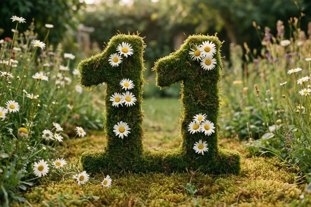 Twee met mos beklede cijfervormen vormen samen 11 en zijn versierd met witte madeliefjes in een landelijke tuin met zacht daglicht.