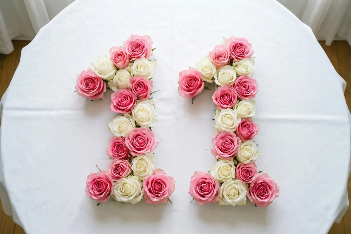 Roze en witte rozen vormen 11 op een wit tafelkleed, van bovenaf gezien.