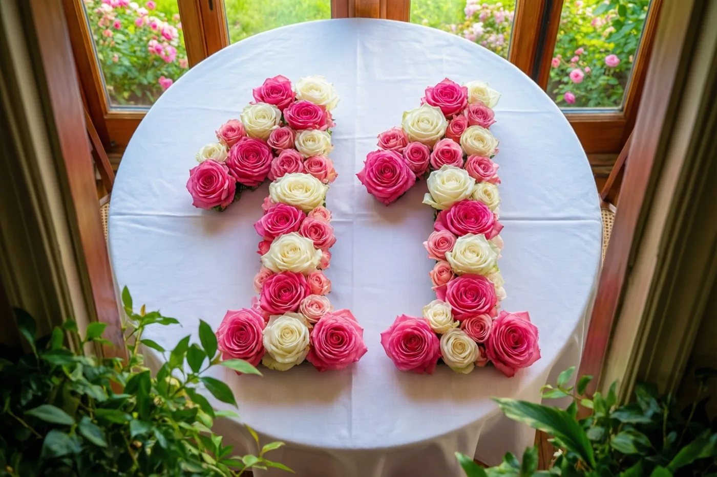 Roze en witte rozen vormen 11 op een wit tafelkleed bij een raam met zicht op groen, van bovenaf gezien.