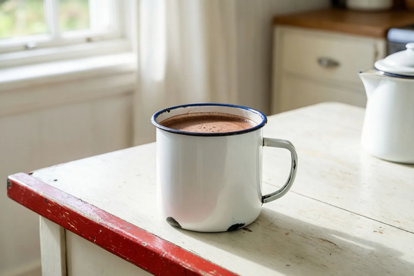 Een witte emaille mok met chocolademelk staat op een verweerde witte houten tafel met een rode rand in een lichte, landelijke keuken.