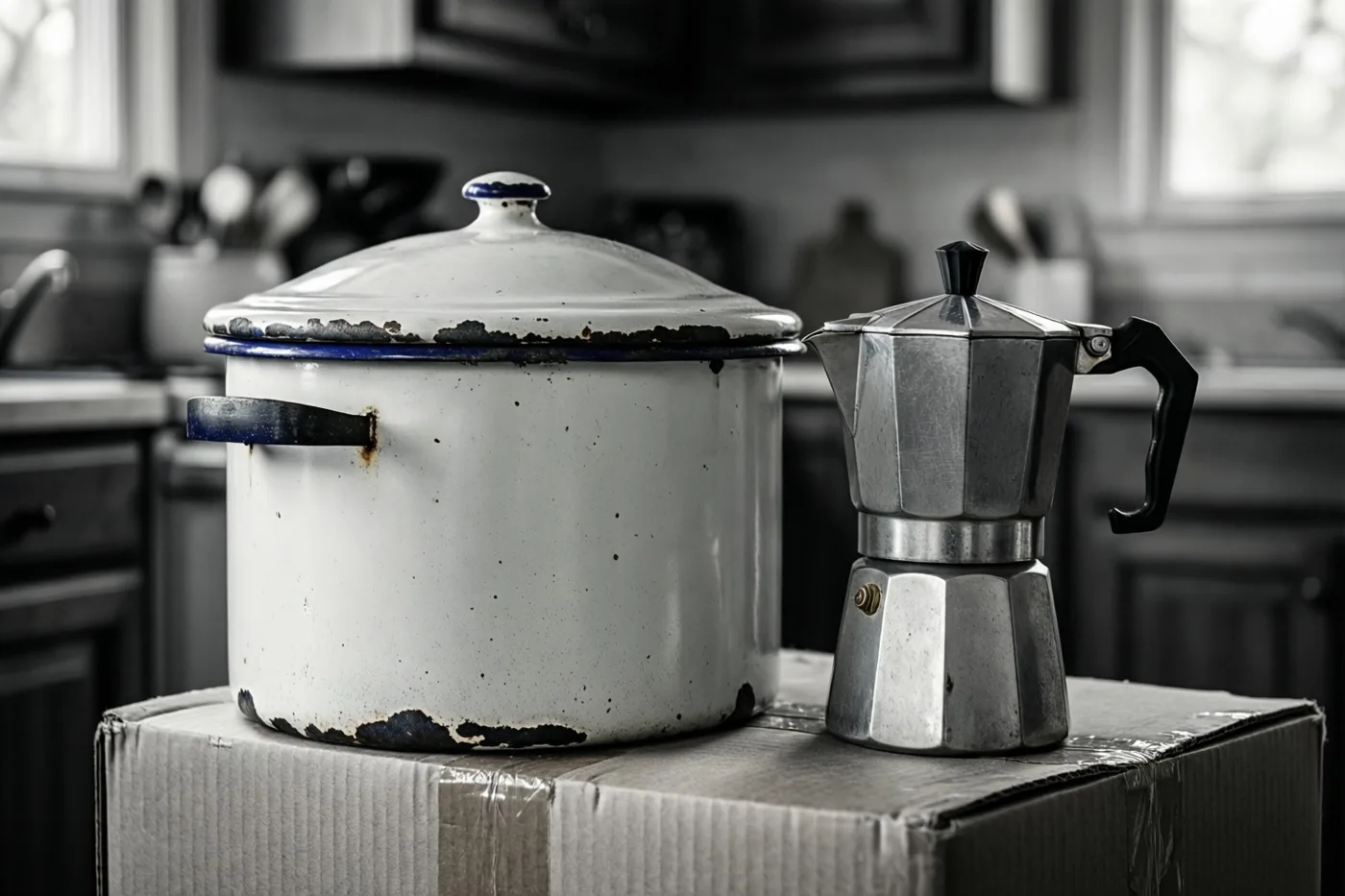 Een oude witte geëmailleerde pot en een metalen koffiepot staan op een kartonnen verhuisdoos in een keuken, weergegeven in zwart-wit.
