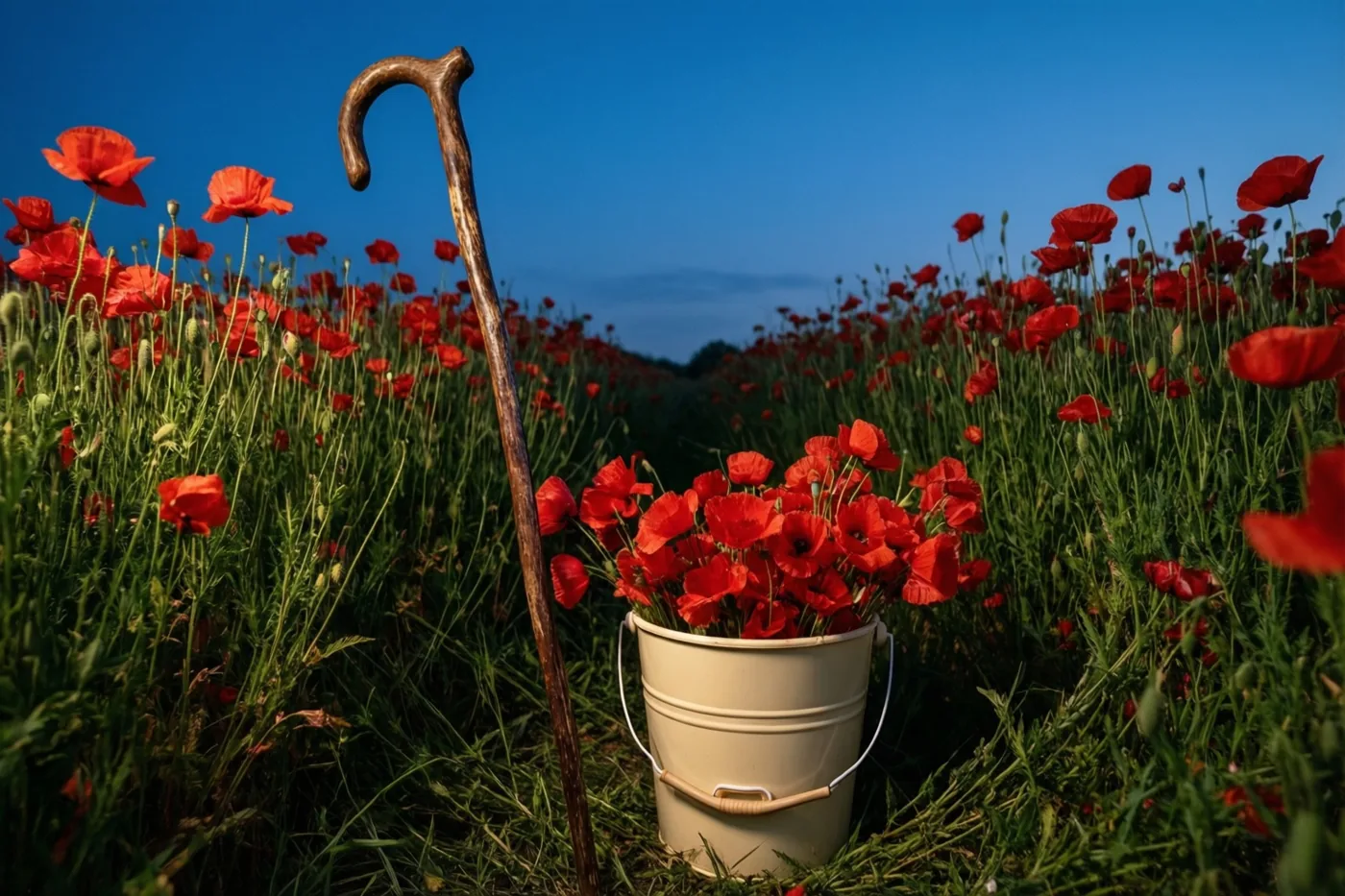 Een houten wandelstok en een crèmekleurige emmer met klaprozen staan vooraan in een rood klaprozenveld onder een heldere blauwe hemel.